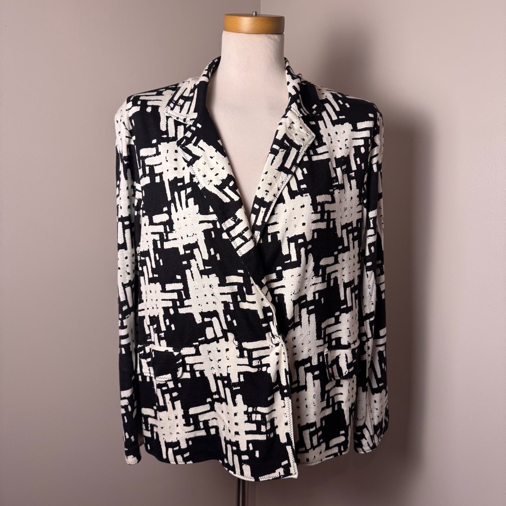 RACHEL Rachel Roy Graphic Woven Houndstooth Double Snap Blazer BLACK-WHITE / XL